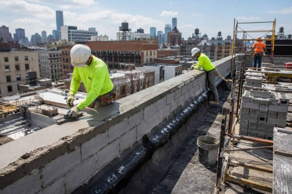 Workers working on a parapet wall of a roof