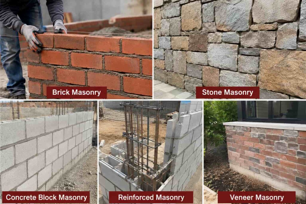 Types of masonry Construction shown in a chart
