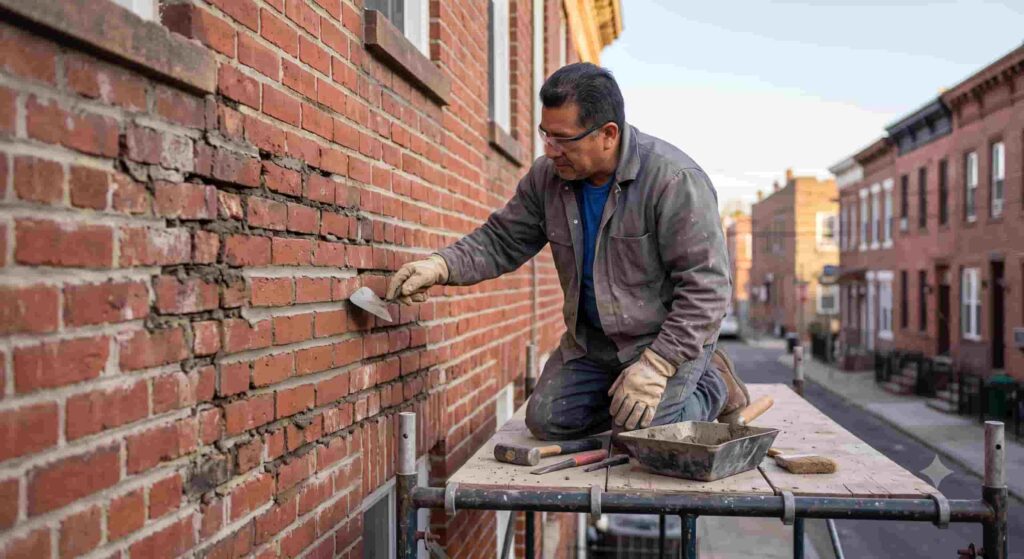 worker cementing bricks on a wall in NYC